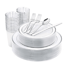 150-Piece Disposable Laced Plates with Plastic Silverware and Cups, Heavy Duty Plastic Place Setting Tableware Set